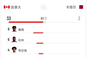 碾压!加拿大6-0卡塔尔全场数据:射门33-2 射正10-0 控球79%-21%